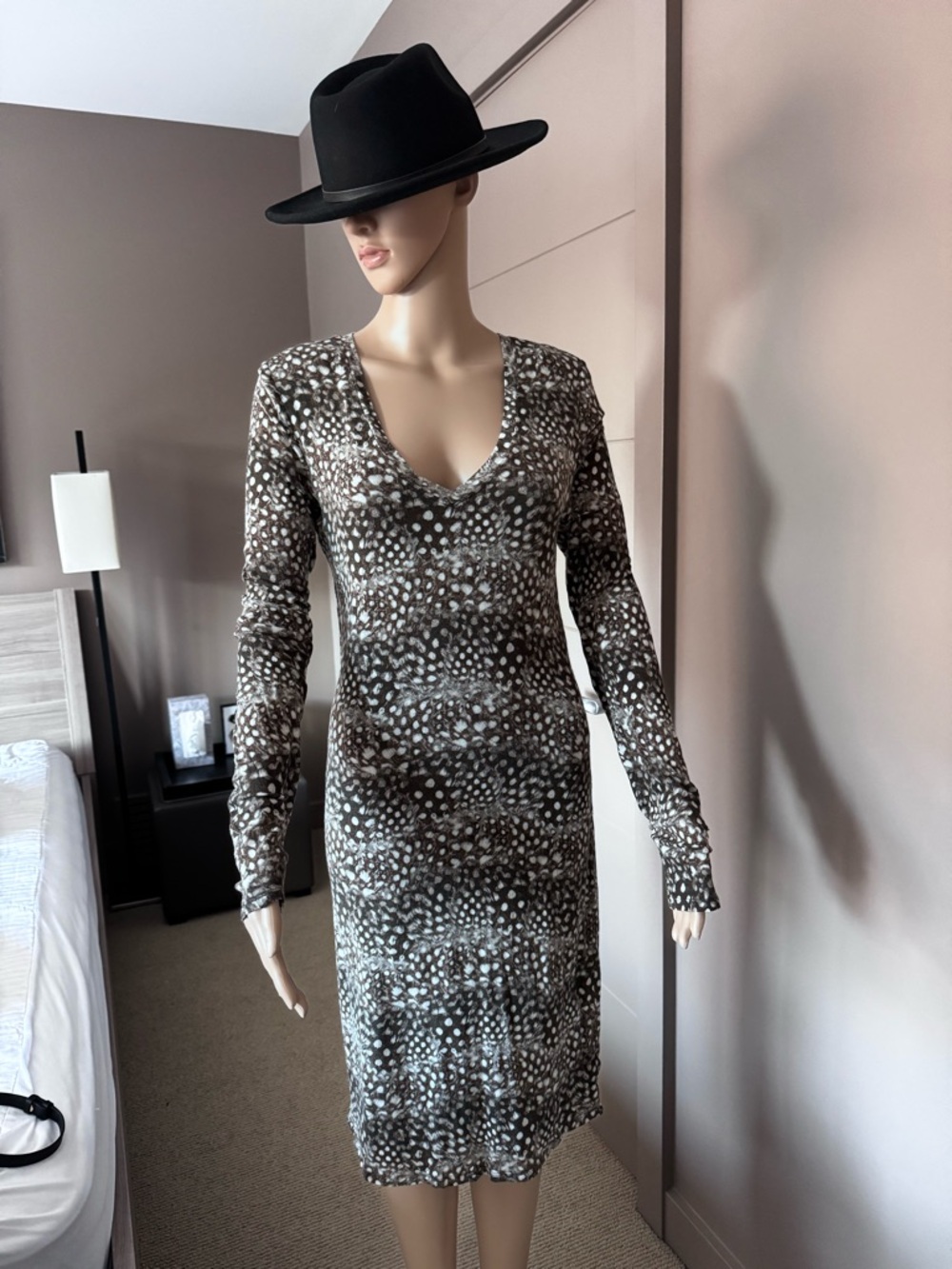 V-Neck Long Sleeve Animal Spot Midi Dress in Brown